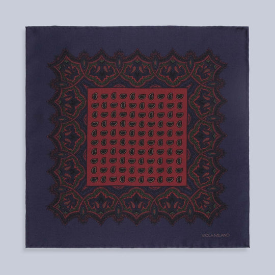 Navy Burgundy Paisley Silk Pocket Square