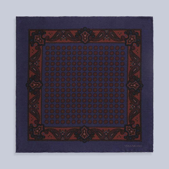 Navy Burgundy Printed Silk Pocket Square