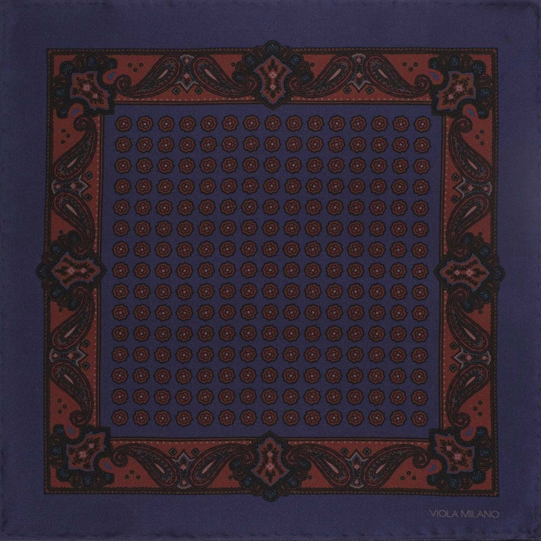 Navy Burgundy Printed Silk Pocket Square