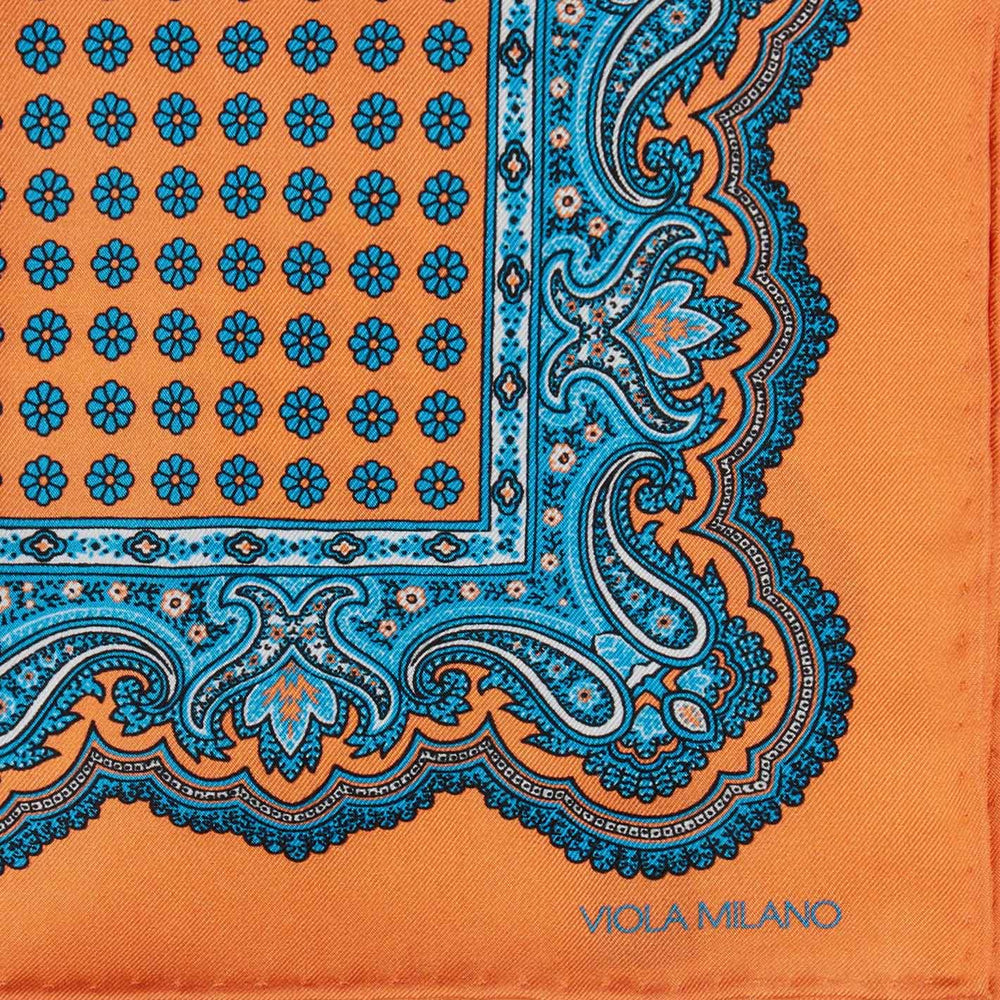 Orange Blue Printed Silk Pocket Square