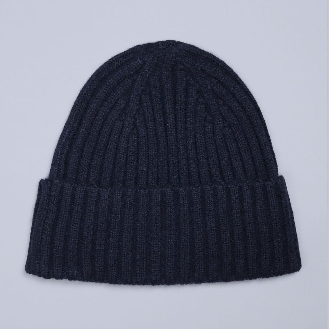 Navy Ribbed Cashmere Beanie