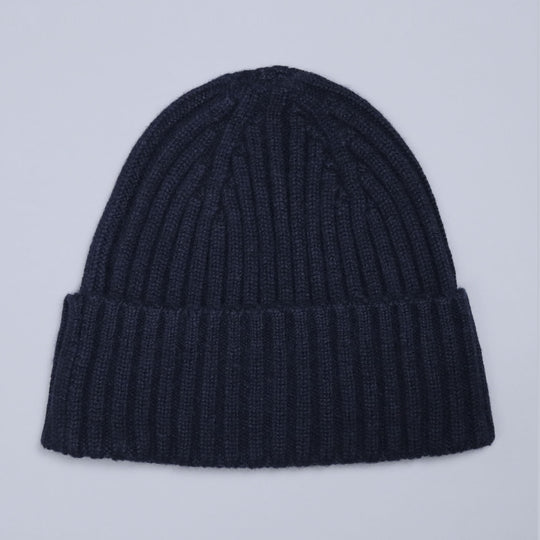 Navy Ribbed Cashmere Beanie