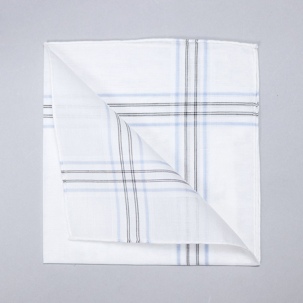 Aran White Blue Stripe Cotton Linen Pocket Square
