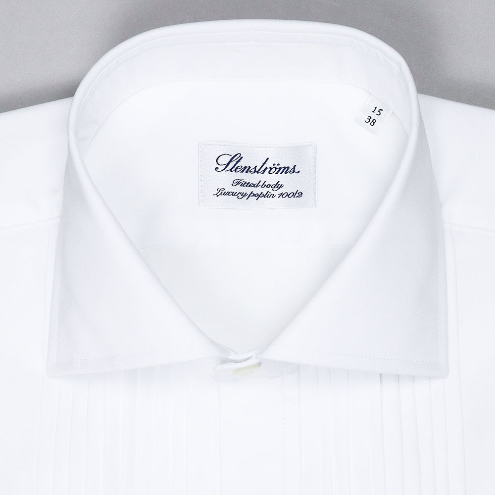 White Pleated Front Fitted Body Tuxedo Shirt