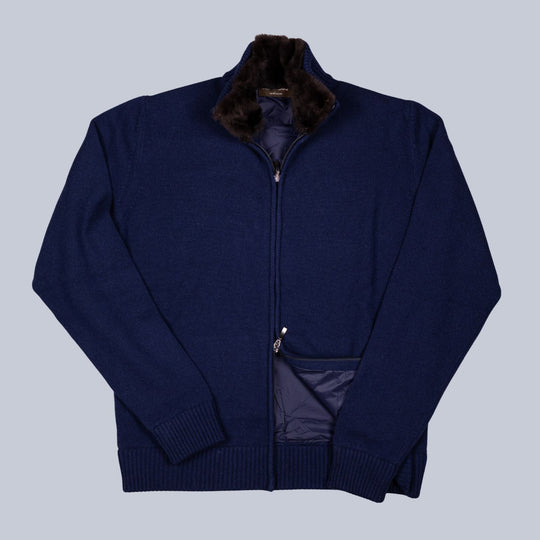 Navy Wool Cashmere Fur Collar Zip Cardigan