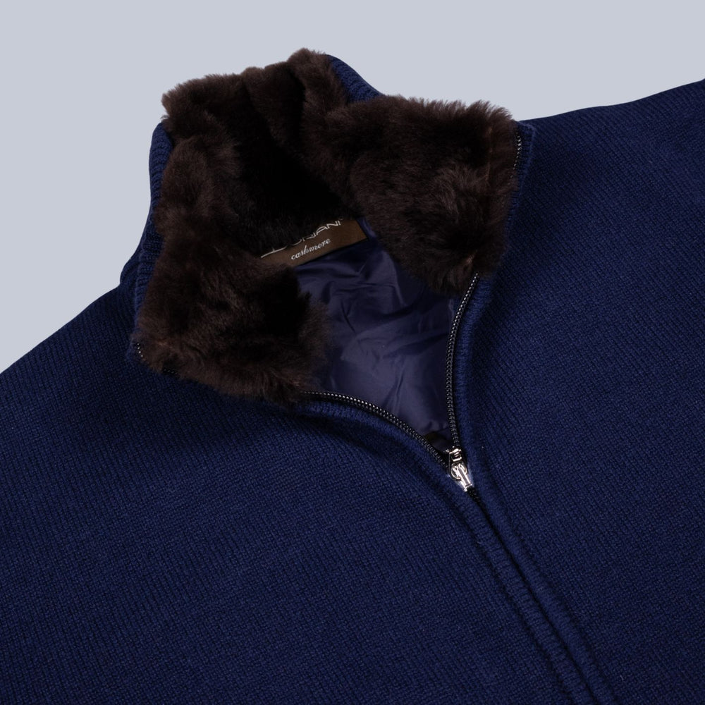 Navy Wool Cashmere Fur Collar Zip Cardigan