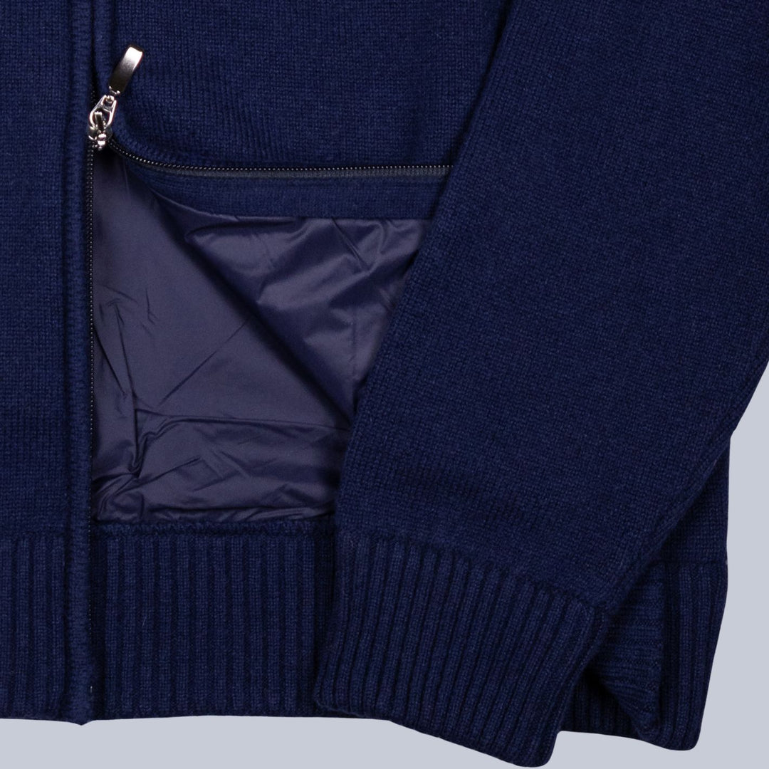 Navy Wool Cashmere Fur Collar Zip Cardigan