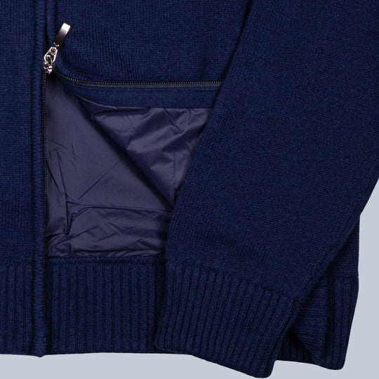 Navy Wool Cashmere Fur Collar Zip Cardigan