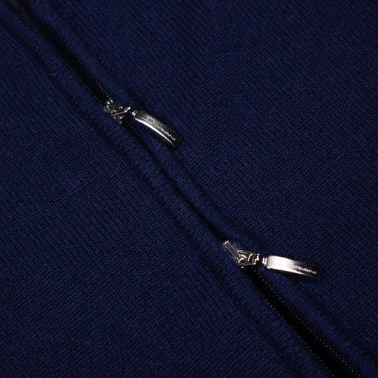 Navy Wool Cashmere Fur Collar Zip Cardigan