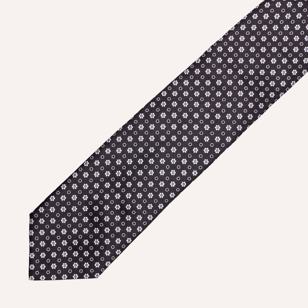 Black Flower Geometric Pattern Silk Tie