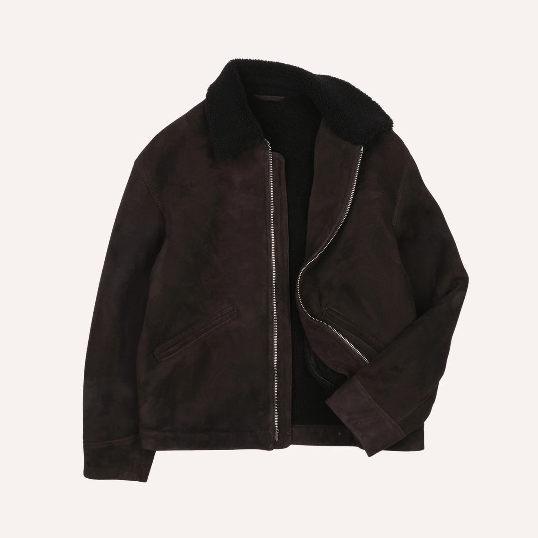 Brown Suede Shearling Zip Jacket
