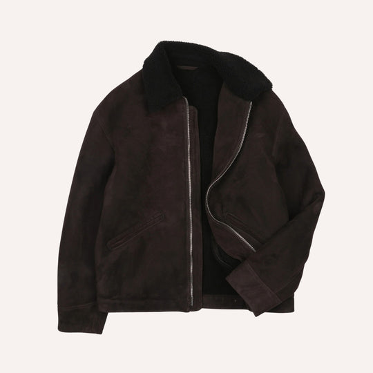 Brown Suede Shearling Zip Jacket