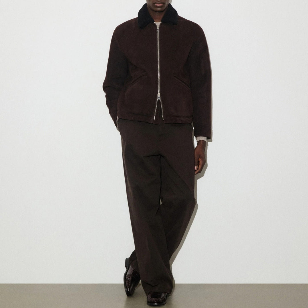 Brown Suede Shearling Zip Jacket
