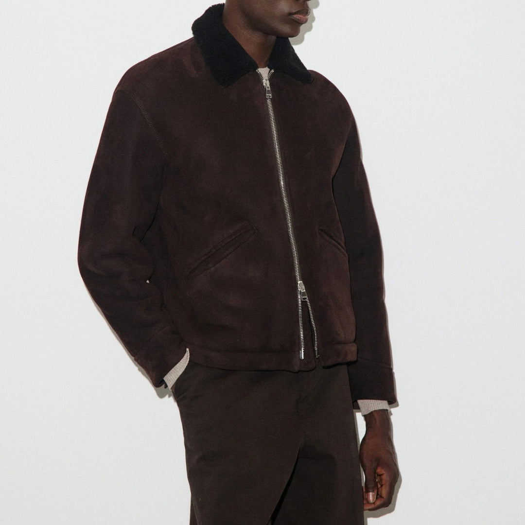 Brown Suede Shearling Zip Jacket