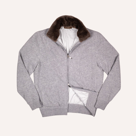 Grey Melange Wool Cashmere Lined Zip Cardigan