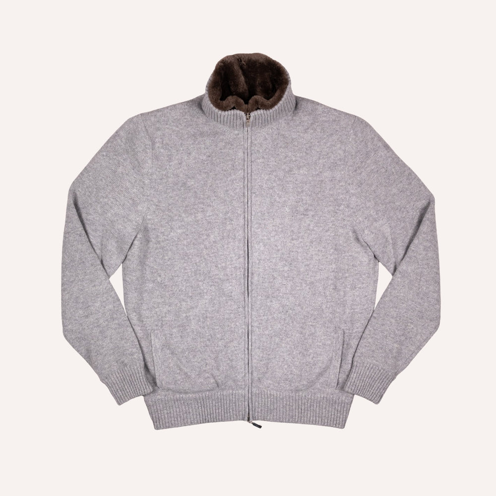 Grey Melange Wool Cashmere Lined Zip Cardigan