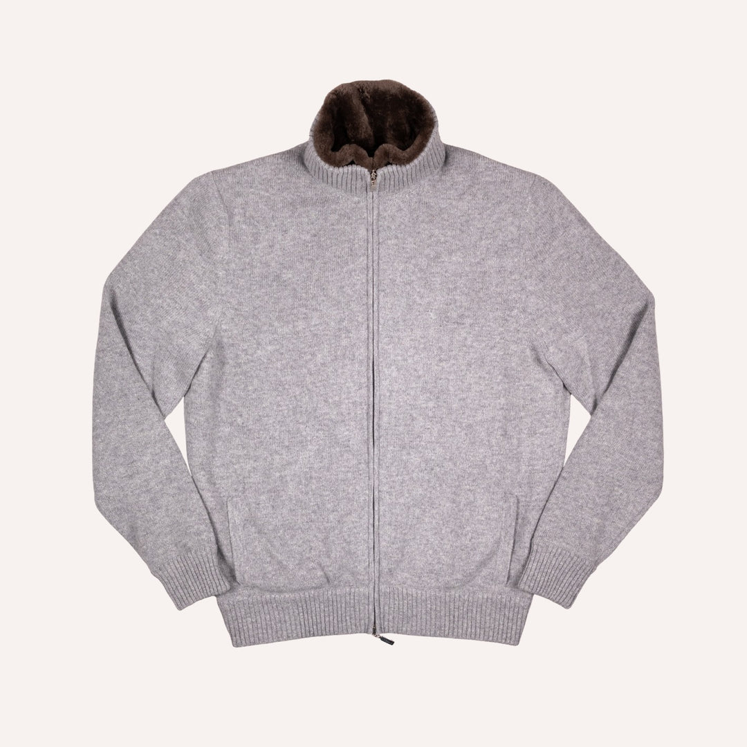 Grey Melange Wool Cashmere Lined Zip Cardigan