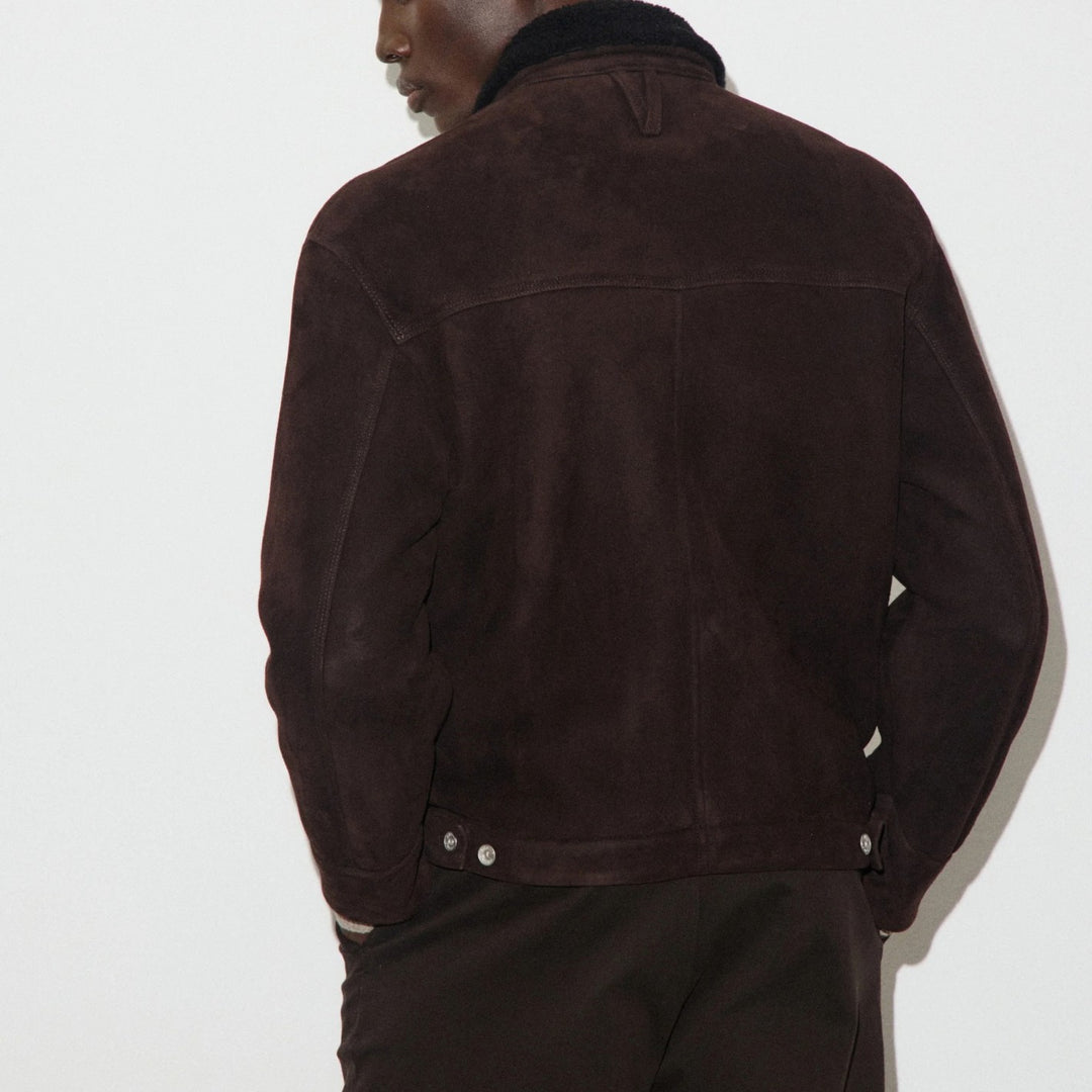Brown Suede Shearling Zip Jacket