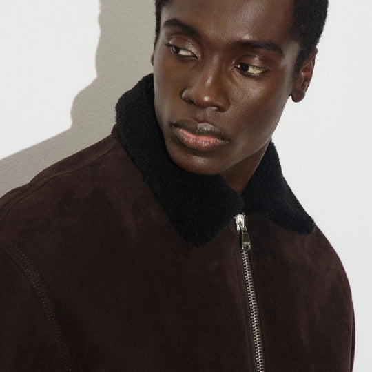 Brown Suede Shearling Zip Jacket