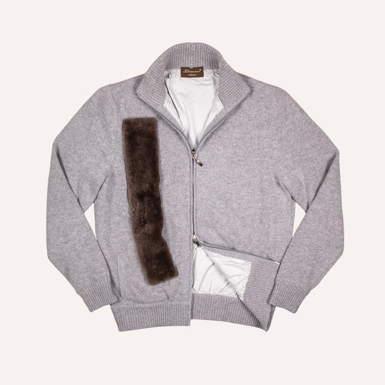 Grey Melange Wool Cashmere Lined Zip Cardigan