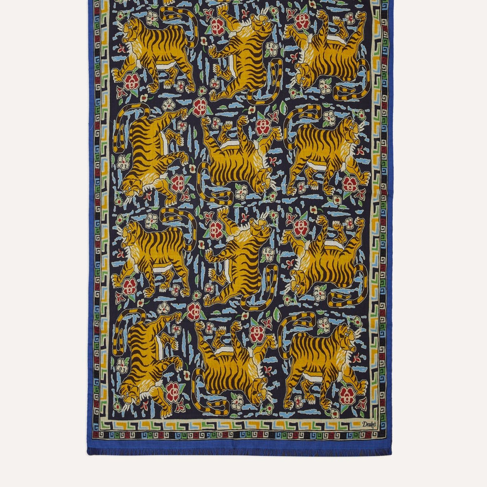 Navy Archival Jumbo Tiger Printed Scarf