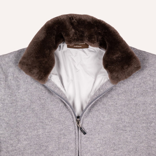 Grey Melange Wool Cashmere Lined Zip Cardigan