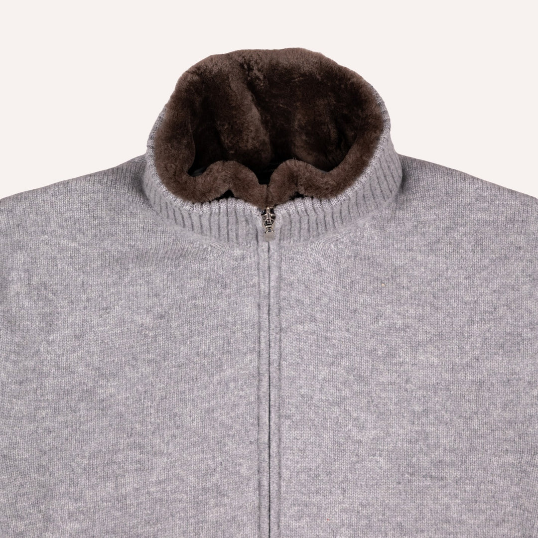 Grey Melange Wool Cashmere Lined Zip Cardigan
