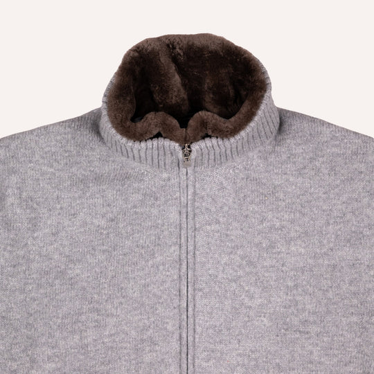 Grey Melange Wool Cashmere Lined Zip Cardigan