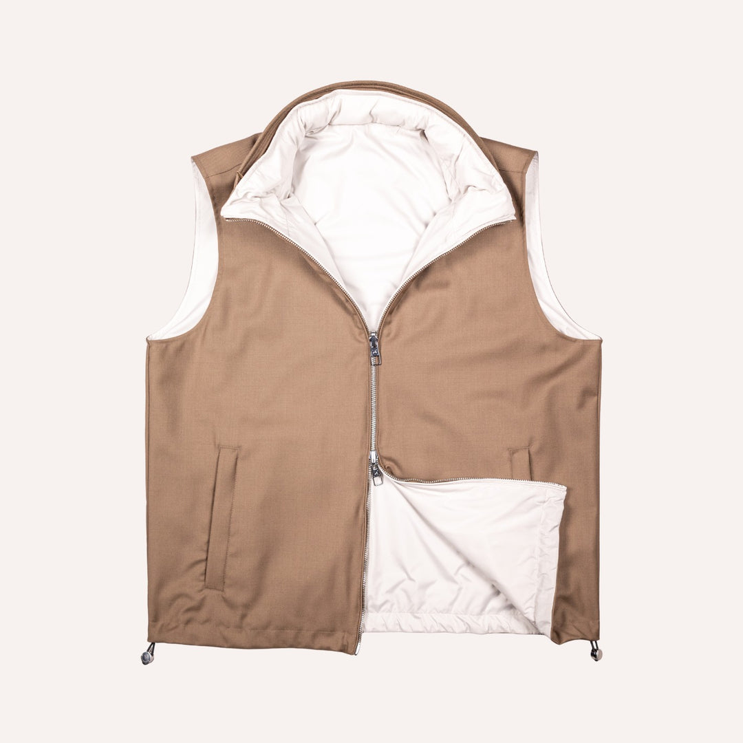 Tobacco Brown Reversible Wool & Polyester Lightweight Gilet