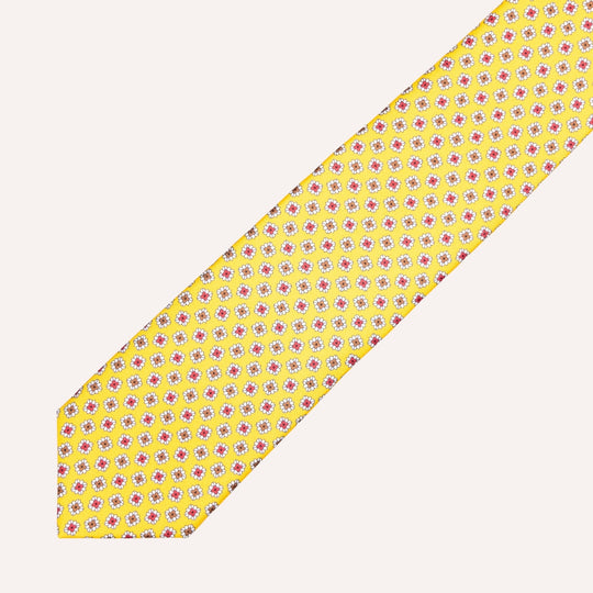Yellow Flower Geometric Pattern Silk Tie