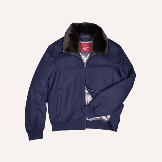 Navy Fur Collar Wool Bomber Jacket