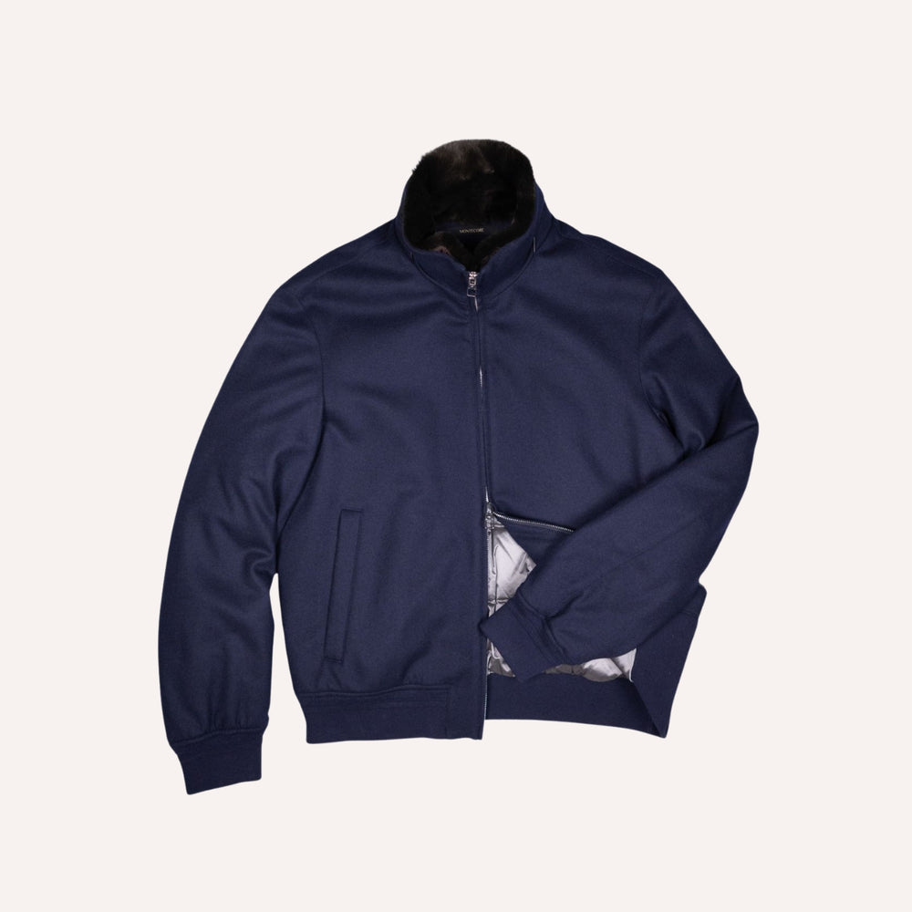 Navy Fur Collar Wool Bomber Jacket
