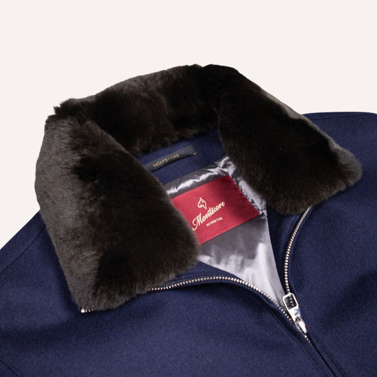 Navy Fur Collar Wool Bomber Jacket