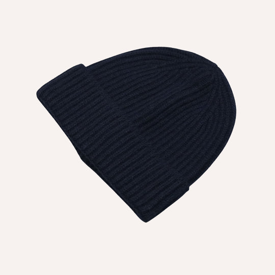 Navy Ribbed Cashmere Beanie