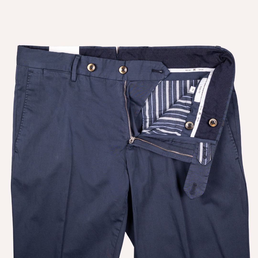 Navy Cotton Silk Slim Fit Chino Trouser