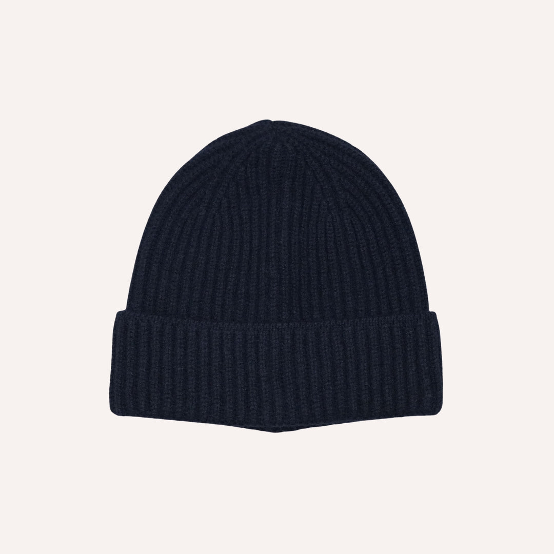 Navy Ribbed Cashmere Beanie