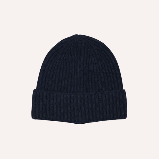 Navy Ribbed Cashmere Beanie