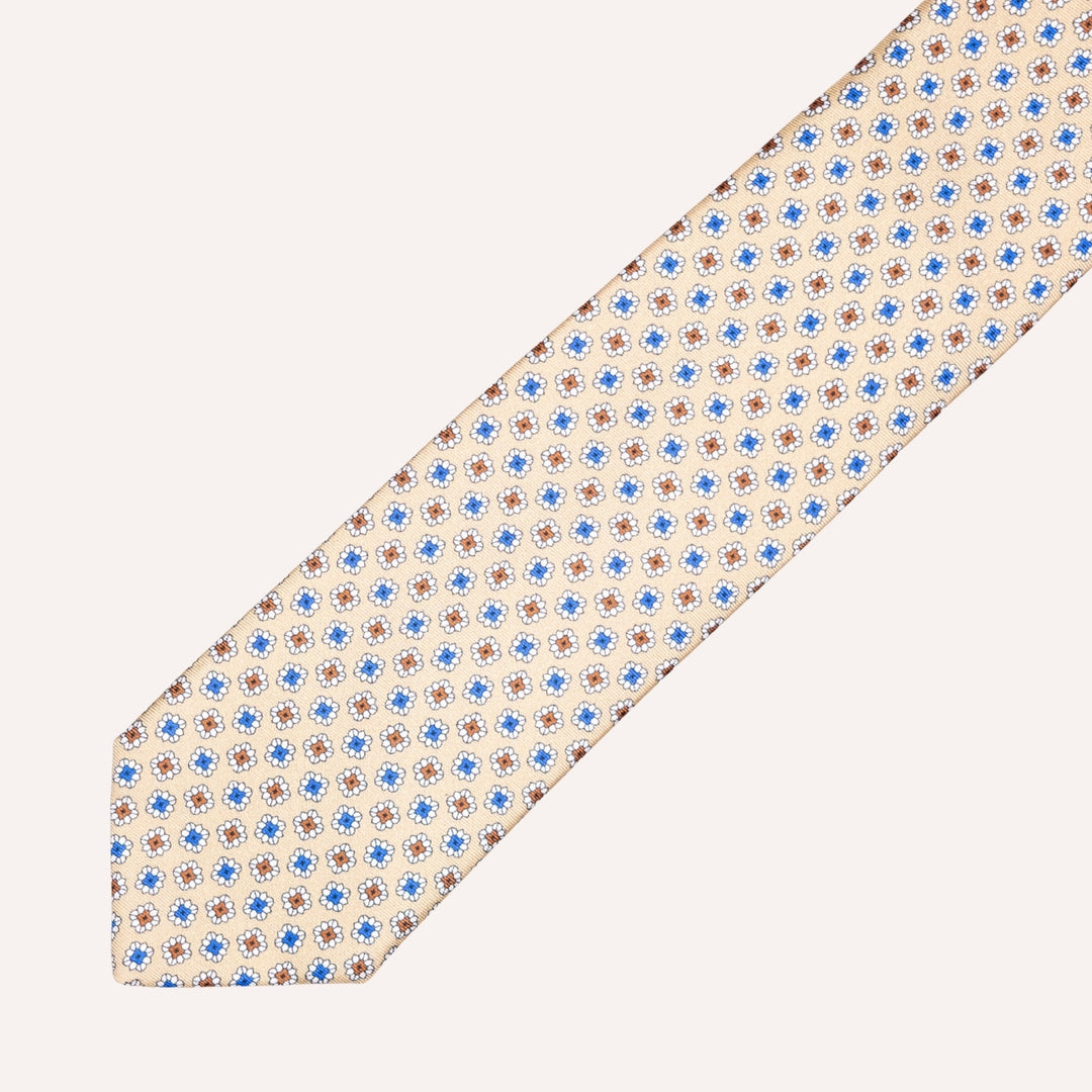 Beige Flower Geometric Pattern Silk Tie