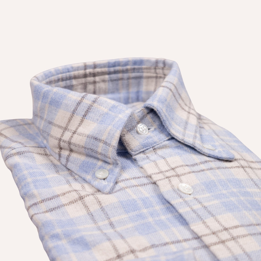 Light Blue & Cream Flannel Checked Button Down Shirt
