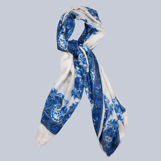 Beige & Blue Paisley Pattern Cashmere Scarf