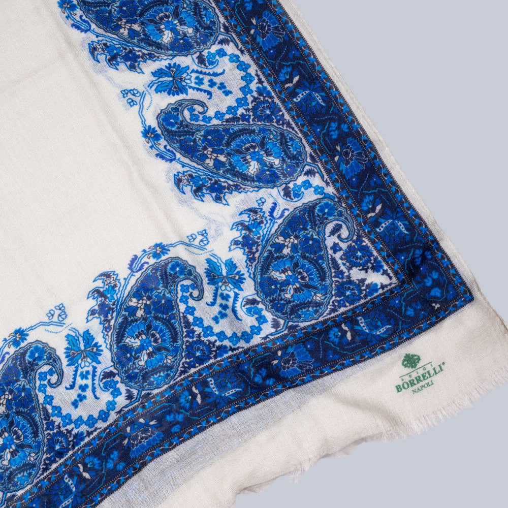 Beige & Blue Paisley Pattern Cashmere Scarf