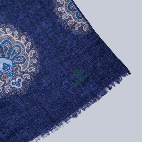Navy & Beige Oriental Pattern Cashmere Scarf