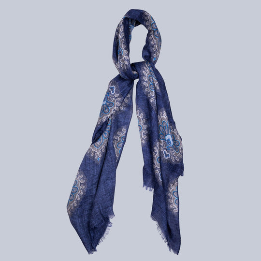 Navy & Beige Oriental Pattern Cashmere Scarf