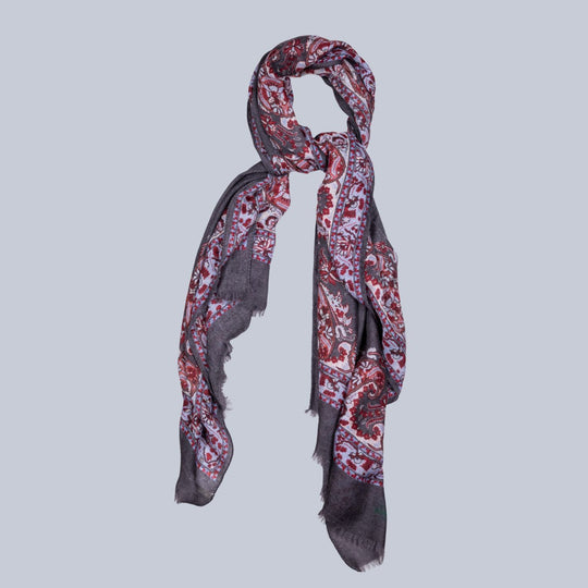 Grey Burgundy & White Paisley Pattern Cashmere Scarf