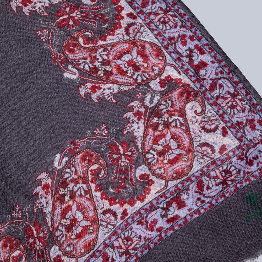 Grey Burgundy & White Paisley Pattern Cashmere Scarf
