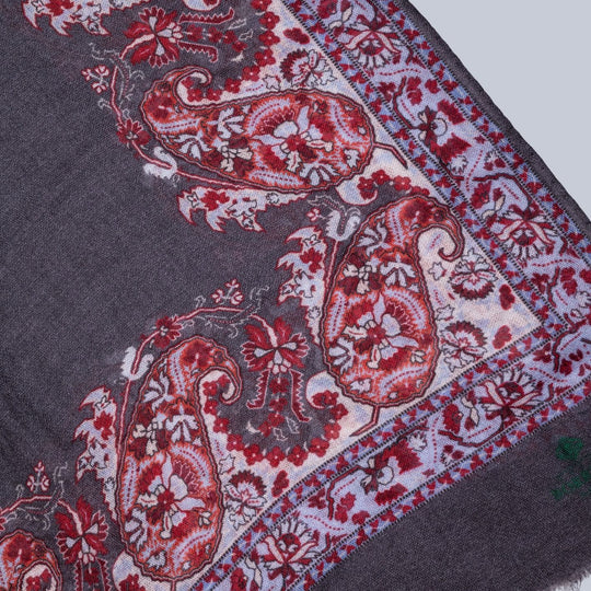 Grey Burgundy & White Paisley Pattern Cashmere Scarf