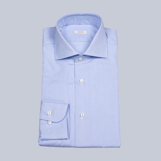 White and Light Blue Striped Poplin