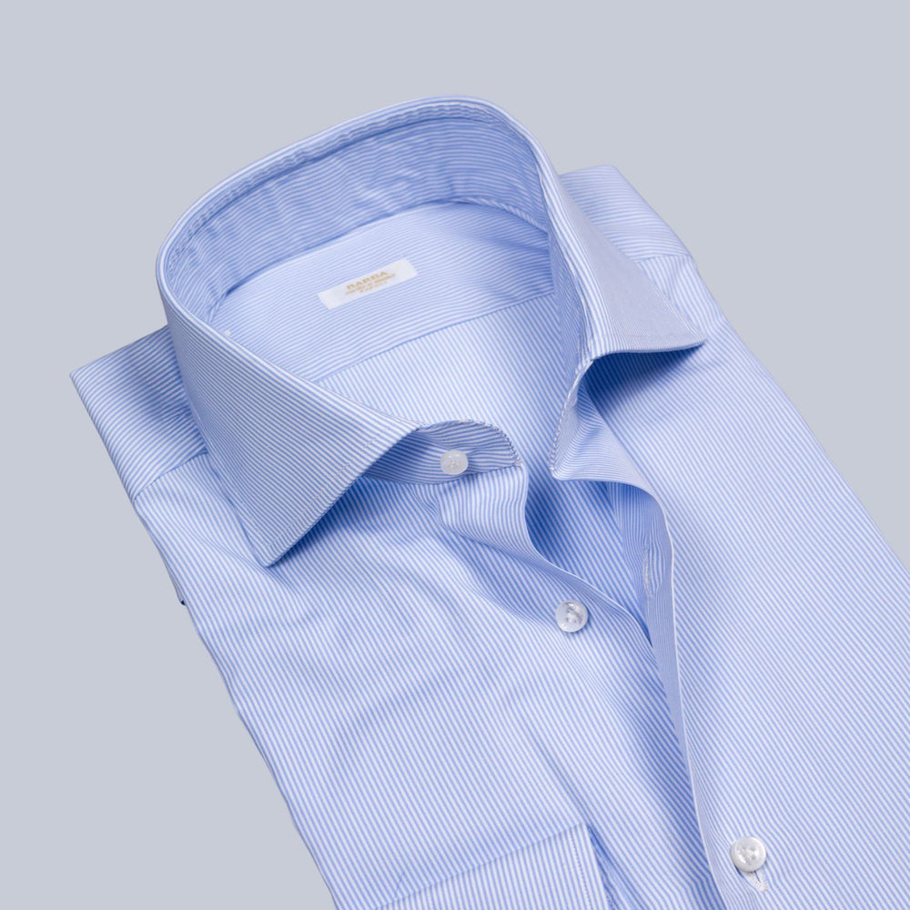 White and Light Blue Striped Poplin