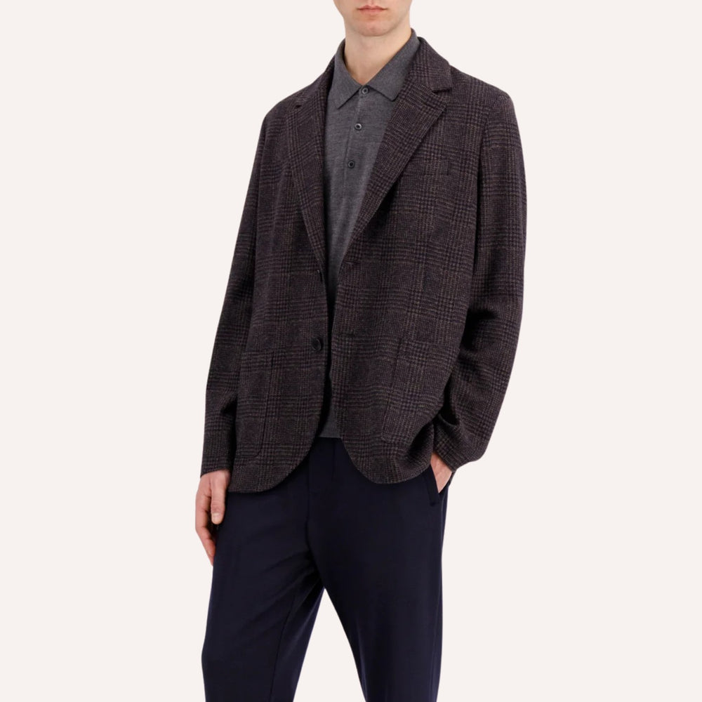 Dark Brown & Navy Glencheck Wool Cotton Stretch Blazer