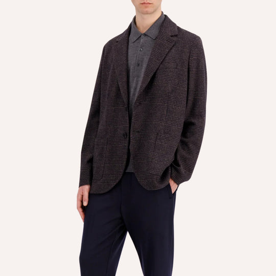 Dark Brown & Navy Glencheck Wool Cotton Stretch Blazer